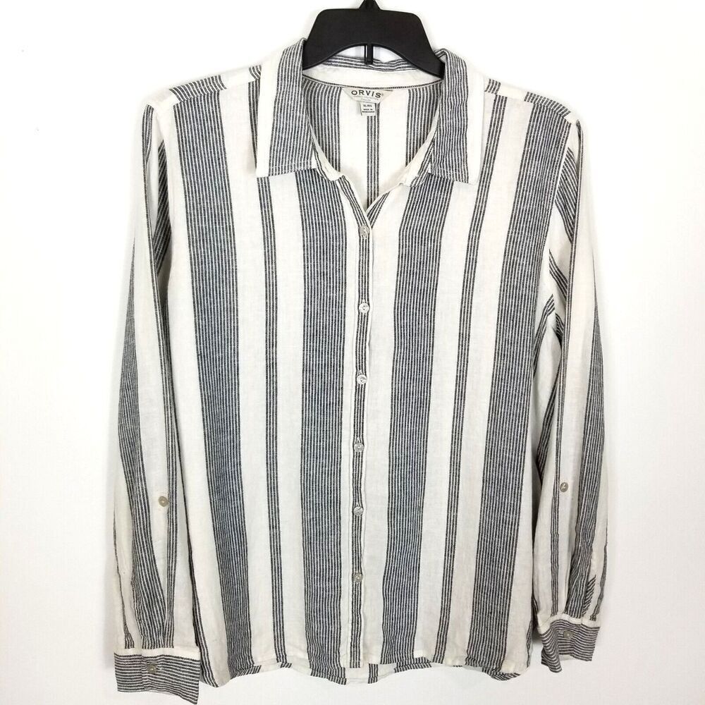 Orvis Women's Long Sleeve Linen Blend Top Blouse Size XL Striped White Blue‎